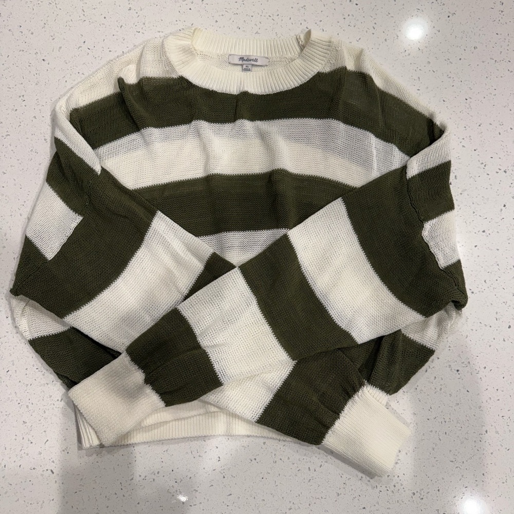 Madewell Olive and White Striped Sweater